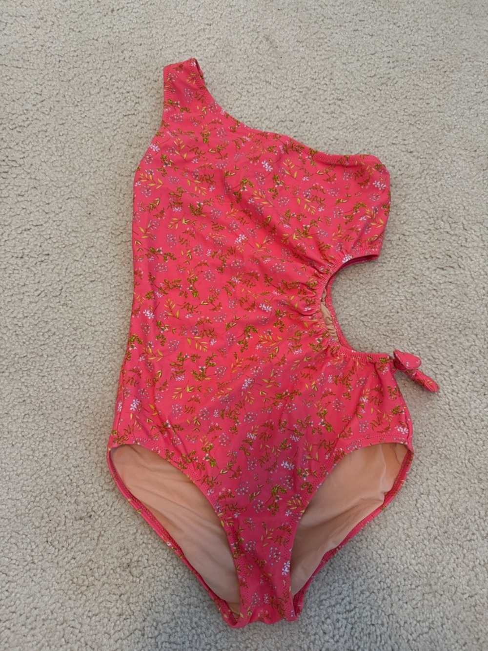 J. Crew Coral Pink Floral One-Shoulder Kids Swimsuit with Side Cutout